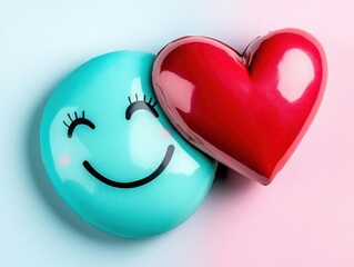 Poster - Smiling turquoise face with heart on a pastel background representing joy and affection