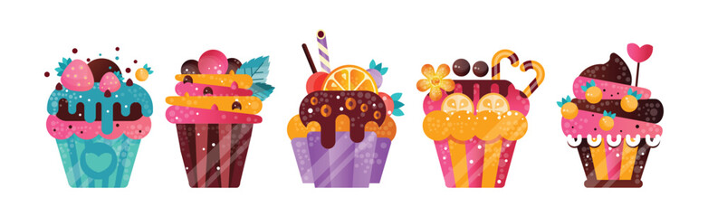 Poster - Delicious Cupcake with Top Sprinkles and Cream Vector Set