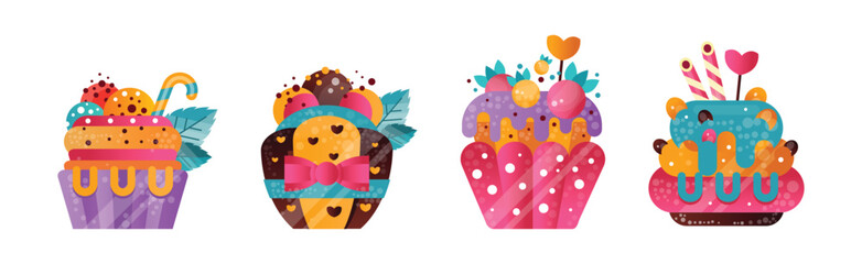 Poster - Delicious Cupcake with Top Sprinkles and Cream Vector Set