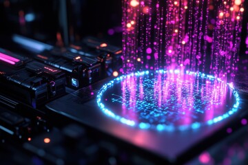 Fototapete - High-tech computer processor with vibrant data stream illuminating the surrounding area