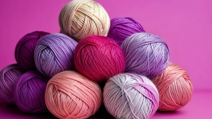 Poster - Bunch of colorful yarn balls are piled on top of each other. The colors are purple, pink, and white
