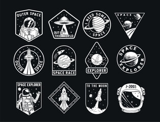 Wall Mural - a collection of vintage space-themed badge illustrations with astronauts, rockets, planets, ufos, an