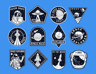 a collection of vintage space-themed badge illustrations with astronauts, rockets, planets, ufos, an