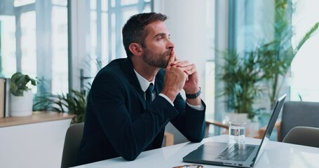 Poster - Solution, thinking and business man on laptop for investment banking, problem solving and reflection. Idea, planning and serious corporate worker with financial decision, mindset or insight in office