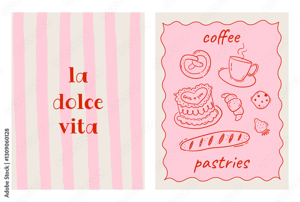 Set of hand drawn vintage posters in dolce vita style. Whimsical ...
