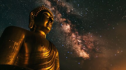 Wall Mural - A golden Buddha statue with upraised hands against a starry night sky.