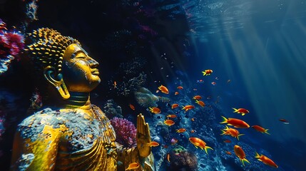 Wall Mural - A golden Buddha statue submerged in a blue ocean surrounded by fish and coral.