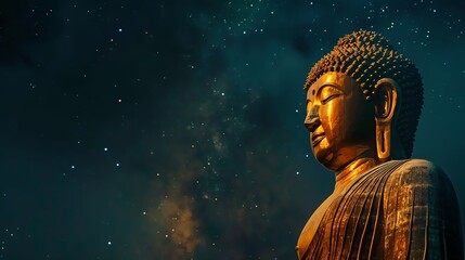Wall Mural - a golden buddha statue with a starry night sky in the background.