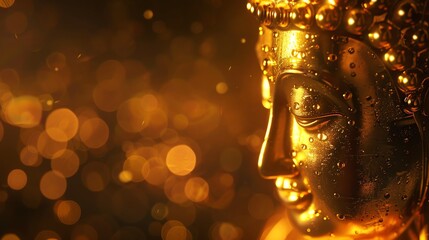 Wall Mural - a close-up of a golden buddha statue with water droplets on its face.