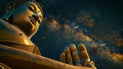 Wall Mural - a golden buddha statue with the milky way in the background.