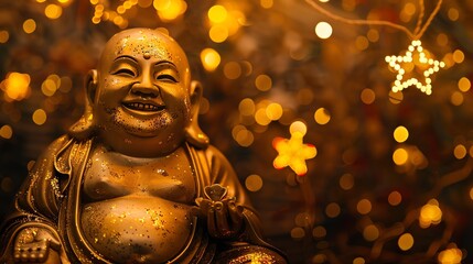 Canvas Print - A golden statue of the Laughing Buddha with a warm, inviting smile,  set against a blurry background of twinkling lights and stars.