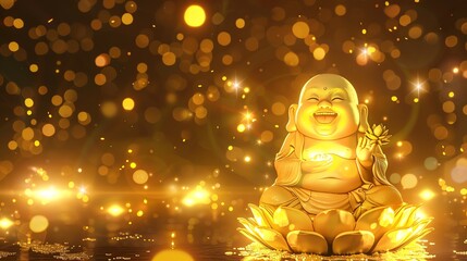 Wall Mural - a golden statue of a laughing buddha sitting on a lotus flower.