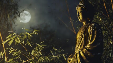 Wall Mural - A golden Buddha statue in a bamboo forest with a full moon in the background.