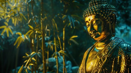 Wall Mural - A golden Buddha statue in a serene setting of bamboo and soft light.