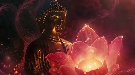 Wall Mural - A golden Buddha statue with a crown of thorns and a red and orange background.