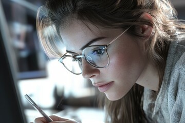Poster - Young woman focuses intently on digital screen with pen in hand during evening work session