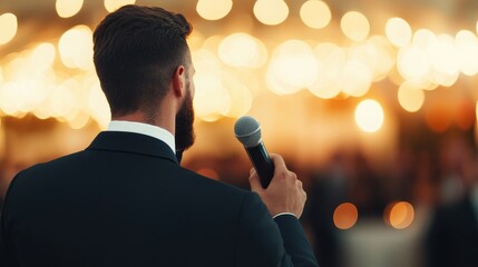 A suited man holds a microphone, speaking to an audience amidst a backdrop of glowing lights.