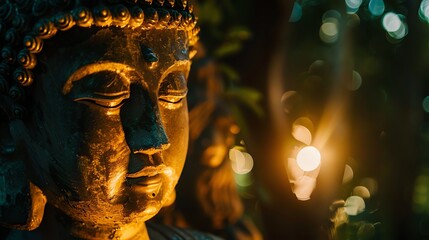 Wall Mural - Close-up of a golden Buddha statue, with a soft, glowing light in the background.