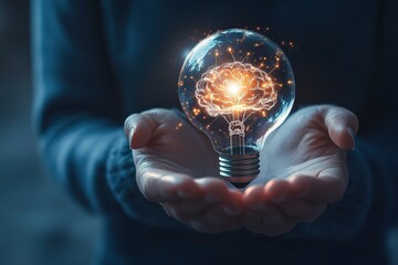 Poster - Person holds glowing virtual light  with brain inside. Creative concept of idea and smart thinking.. Businessman or entrepreneur showcase a innovative and inspirational idea, full HD, 32k Resolution