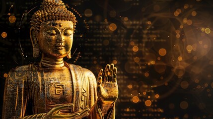Wall Mural - A golden Buddha statue with a serene expression, set against a background of warm, glowing lights.