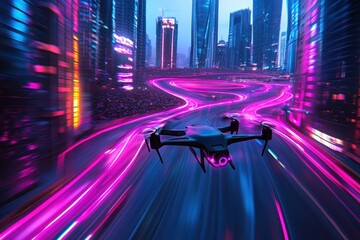 Poster - Drone flying through a vibrant cityscape illuminated by neon lights at dusk