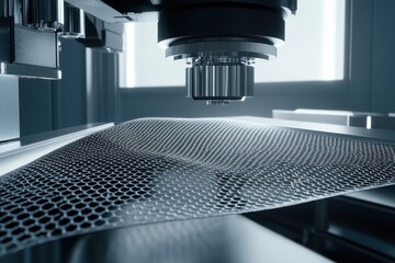 Poster - Metal mesh being processed under a modern industrial machine in a well-lit workshop
