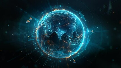 Fototapete - Futuristic digital globe of Earth with glowing data points network connections on a dark background. Worldwide links on planet earth at night. Concept of World communication technology. 3d animation