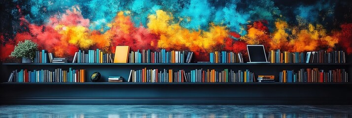 Poster - Creative graphic layout designs for online advertising in a vibrant library setting