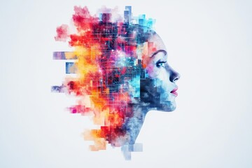 Poster - vibrant colorful abstract shapes merging with a woman's face creating an enigmatic and artistic fusi