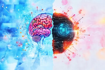 Poster - Intricate Visualization of a Human Brain Intertwined with Advanced Circuitry Symbolizing the Fusion of Technology and Human Intelligence in Modern Society