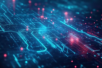 Poster - Intricate Circuit Board Design Featuring Glowing Blue and Red Lights Creating a Futuristic and Technologically Advanced Visual Experience in Electronics