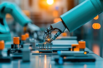 Poster - Advanced Robotic Hand Skillfully Manipulating a Shiny Piece of Metal in a Modern Workshop Environment Showcasing Precision and Technological Innovation