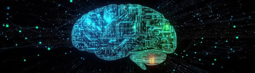 Poster - Intricate Brain Design Featuring Central Circuit Symbolizing Technology and Innovation Merging with Human Intelligence in a Futuristic Conceptual Style