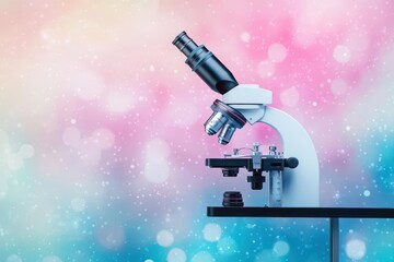 Poster - Intricate Microscope Positioned on Laboratory Bench with Additional Microscope Placed on Top Highlighting Scientific Exploration and Research Environment