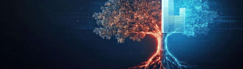 Poster - Enchanting Tree Illuminated by Mysterious Red Light in Darkened Forest Creating an Intriguing Atmosphere of Wonder and Magic in Nature's Realm