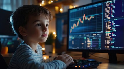 Poster - Young Boy Focused on Stock Market Data on Computer Screen