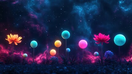 Poster - Vibrant Night Sky Filled with Colorful Balloons and Blossoming Flowers Creating a Dreamlike Atmosphere of Joy Wonder and Celebration Under the Stars