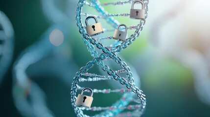 Poster - Intricate DNA Helix Intertwined with Two Locks and a Chain Symbolizing Security and Genetic Mysteries in a Thoughtful Scientific Representation