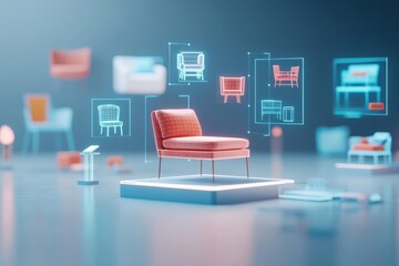 Poster - Vibrant Scene of Multiple Stylish Chairs Set Against a Bold Blue Background Creating a Unique and Modern Interior Design Atmosphere for Relaxation