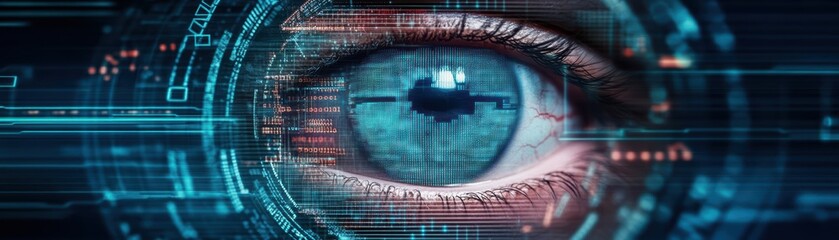 Poster - Intricate Close Up of a Human Eye Captured with a Futuristic Digital Interface Overlay Emphasizing Technology and Human Connection in Modern Life