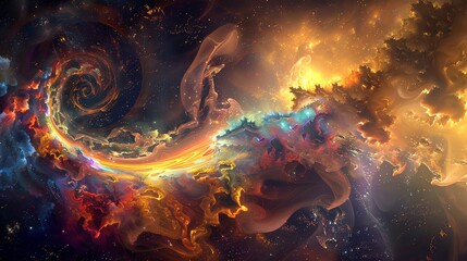 Wall Mural - A swirling nebula with a bright, fiery center, surrounded by clouds of gas and dust,  in a dark space with scattered stars.