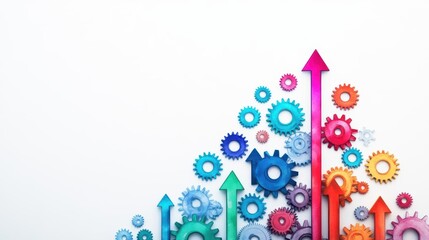 Poster - Vibrant Array of Colorful Gears and Dynamic Arrows on a Crisp White Background Symbolizing Innovation Creativity and Movement in Abstract Design