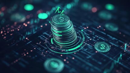 Poster - A Stack of Glimmering Coins on a Futuristic Digital Background Symbolizing Wealth Prosperity and Financial Growth in a Modern Technological Era