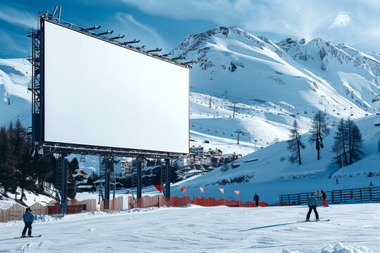 Large blank billboard stands in a snowy mountain ski area with skiers nearby. Concept of advertising in a winter resort setting. For marketing winter vacations.
