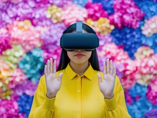 Poster - A woman immersed in a virtual reality experience with a futuristic headset in a modern setting showcasing technology and innovation in digital engagement