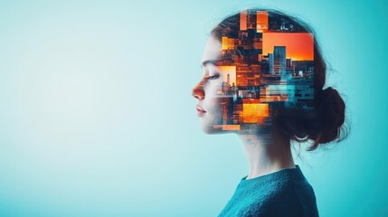 Poster - Portrait of a Woman Framed by Urban Architecture Highlighting Her Expression and Character Against a Backdrop of City Life and Modernity