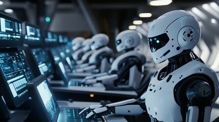 Poster - Futuristic Robots Working on Advanced Technology Screens in a Modern Digital Control Room Environment High Tech Artificial Intelligence Digital       