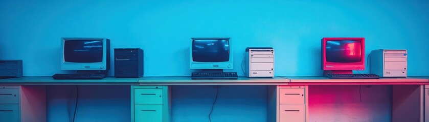 Poster - A Row of Computers on a Sleek Desk with Modern Design Elements and Soft Ambient Lighting Creating a Productive and Contemporary Workspace Atmosphere