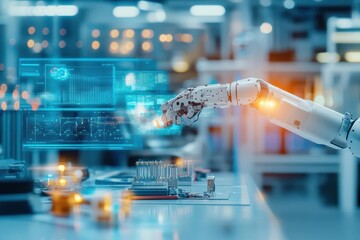 Poster - Futuristic Robot Engaged in Precision Work on Transparent Glass Surface in a Modern Workshop Showcasing Advanced Technology and Innovation in Action