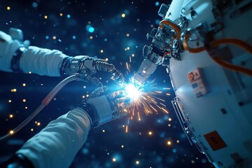 Poster - Skilled Welder Engaged in Precision Metal Fabrication Creating Sparks Amidst Workshop Environment Highlighting Craftsmanship and Industrial Aesthetics